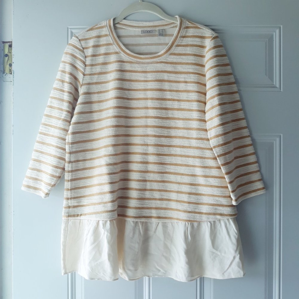 LOGO Lori Goldstein Textured Stripes Tiered Tunic Sz XS Yellow Cream Boho Preppy